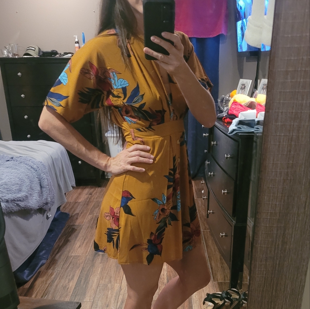 Shein Open Back Deep Plunge Floral Dress Dark Yellow